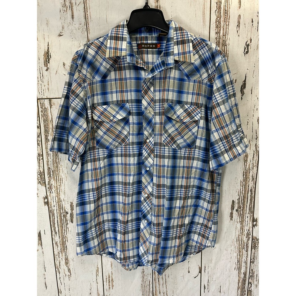 Roper Snap Up Blue Plaid Shirt Size Large Short Sleeve